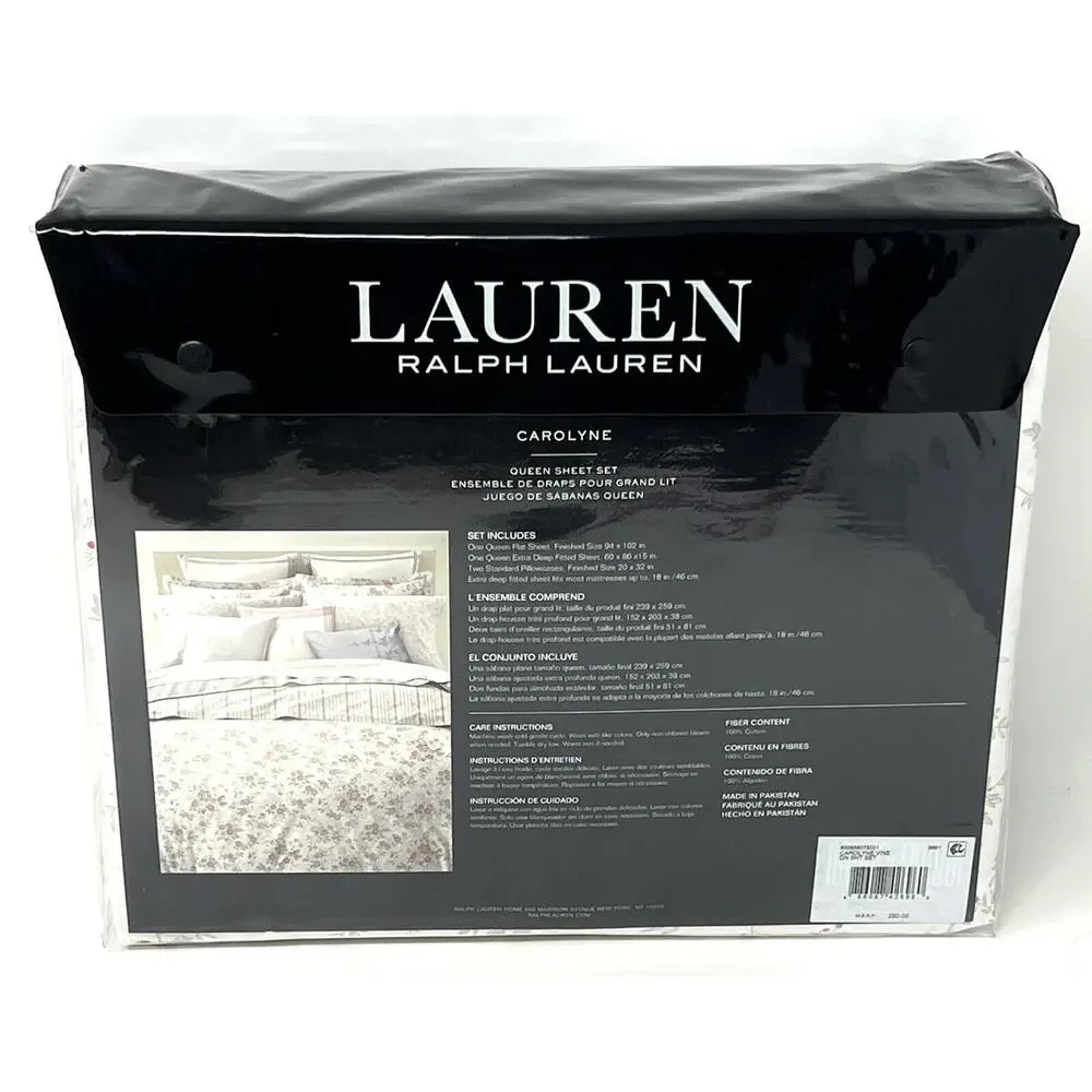 Ralph Lauren Carolyne Vine Queen Sheet Set White Gray All Cotton 4 pc NIP